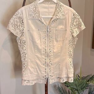 Lafei-Nier Women's Ecru Crochet Lace Trimmed Cotton Denim Top Size L
